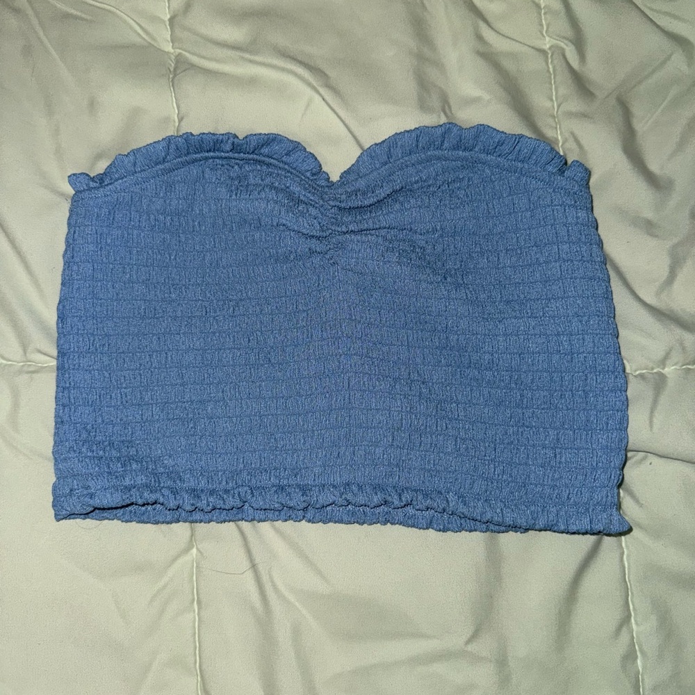 Blue Strapless Smocked Top